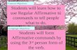 Students will learn how to use Regular Affirmative tú commands to tell people what to do. Content Objective: Language Objective: Students will form Affirmative.