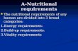 A-Nutritional requirements The nutritional requirements of any human are divided into 3 broad categories: The nutritional requirements of any human are.