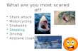 What are you most scared of? Shark attack Motorcycling Snakebite Smoking Driving Airplane crash.