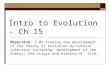 Intro to Evolution – Ch 15 Objective: 3.05 Examine the development of the theory of evolution by natural selection including: development of the theory;