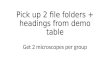 Pick up 2 file folders + headings from demo table Get 2 microscopes per group.