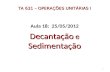 TA 631 – OPERAÇÕES UNITÁRIAS I Aula 18: 25/05/2012 Decantação e Sedimentação 1.