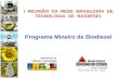 I REUNIÃO DA REDE BRASILEIRA DE TECNOLOGIA DE BIODIESEL Programa Mineiro de Biodiesel.