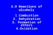1 3.9 Reactions of alcohols 1.Combustion 2. Dehydration 3. Formation of ethers 4.Oxidation.