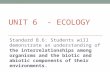 UNIT 6 - ECOLOGY Standard B.6: Students will demonstrate an understanding of the interrelationships among organisms and the biotic and abiotic components.