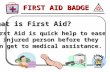 FIRST AID BADGE What is First Aid? First Aid is quick help to ease an injured person before they Can get to medical assistance.