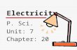 Electricity P. Sci. Unit: 7 Chapter: 20. Static Electricity  Created when electrons are transferred between objects  Ex: shoes moving across carpet.