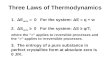 Three Laws of Thermodynamics 1. ΔE univ = 0 For the system: ΔE = q + w 2. ΔS univ ≥ 0 For the system: ΔS ≥ q/T, where the “=“ applies to reversible processes.
