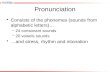 Pronunciation Consists of the phonemes (sounds from alphabetic letters)… –24 consonant sounds –20 vowels sounds …and stress, rhythm and intonation.