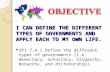 I CAN DEFINE THE DIFFERENT TYPES OF GOVERNMENTS AND APPLY EACH TO MY OWN LIFE. SPI 7.4.1 Define the different types of governments (i.e. democracy, autocracy,