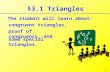 §3.1 Triangles The student will learn about: proof of congruency, and congruent triangles, 1 some special triangles.