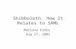 Shibboleth: How It Relates to SAML Marlena Erdos Aug 27, 2001.
