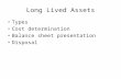 Long Lived Assets Types Cost determination Balance sheet presentation Disposal.