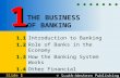 © South-Western Publishing Slide 1 THE BUSINESS OF BANKING 1.1 1.1 Introduction to Banking 1.2 1.2 Role of Banks in the Economy 1.3 1.3 How the Banking.