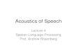 Acoustics of Speech Lecture 4 Spoken Language Processing Prof. Andrew Rosenberg.