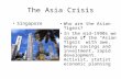 The Asia Crisis Who are the Asian Tigers? In the mid-1990s we spoke of the “Asian Tigers” with awe. Heavy savings and investment, rapid development. Activist,