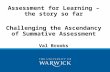 Assessment for Learning – the story so far Challenging the Ascendancy of Summative Assessment Val Brooks.