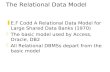 The Relational Data Model zE.F Codd A Relational Data Model for Large Shared Data Banks (1970) zThe basic model used by Access, Oracle, DB2 zAll Relational.