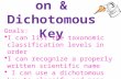 Classification & Dichotomous Key Goals:  I can list the taxonomic classification levels in order  I can recognize a properly written scientific name.
