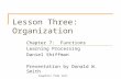 Lesson Three: Organization Chapter 7: Functions Learning Processing Daniel Shiffman Presentation by Donald W. Smith Graphics from text.