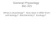 General Physiology Bio 321 What is physiology? How does it differ from cell biology? Biochemistry? Ecology?