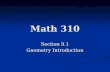 Math 310 Section 9.1 Geometry Introduction. Axiomatic System A logical system which possesses an explicitly stated set of axioms from which theorems can.