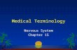 1 Medical Terminology Nervous System Chapter 15. 2 Nervous System l Coordinates many activities of the body –senses changes in internal and external environment.