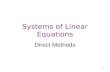 1 Systems of Linear Equations Direct Methods. 2 Solving Linear Equations Two simultaneous equations – the solution is the intersection of two straight.