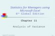 Copyright ©2011 Pearson Education 11-1 Chapter 11 Analysis of Variance Statistics for Managers using Microsoft Excel 6 th Global Edition.