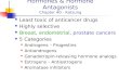 Hormones & Hormone Antagonists Chapter 40 - Katzung Least toxic of anticancer drugs Highly selective Breast, endometrial, prostate cancers 5 Categories.