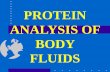 PROTEIN ANALYSIS OF BODY FLUIDS. Protein Contant 50 - 55 % Carbon 6 - 8 % Hydrogen 20 - 23 % Oxygen 15 - 18 % Nitrogen.