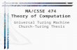 Universal Turing Machine Church-Turing Thesis MA/CSSE 474 Theory of Computation.