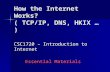 How the Internet Works? ( TCP/IP, DNS, HKIX … ) CSC1720 – Introduction to Internet Essential Materials.