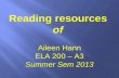 Reading resources of Aileen Hann ELA 200 – A3 Summer Sem 2013.