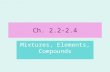 Ch. 2.2-2.4 Mixtures, Elements, Compounds. Symbols Chemists use chemical symbols to represent elements Chemical Symbol: 1 st 1-2 letters of the name of.