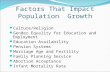 Factors That Impact Population Growth Culture/Religion Gender Equality for Education and Employment Education Availability Pension Systems Marriage Age.
