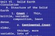 Unit VI. Solid Earth Circulation A. Structure of the Solid Earth 1. Crust :Thin, brittle, variable composition, least dense. a. Continental Crust: older,