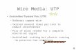 Wire Media: UTP Unshielded Twisted Pair (UTP) –Ordinary copper wire –Twisted several times per inch to reduce interference –Pair of wires needed for a.