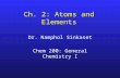 Ch. 2: Atoms and Elements Dr. Namphol Sinkaset Chem 200: General Chemistry I.