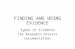 FINDING AND USING EVIDENCE Types of Evidence The Research Process Documentation.