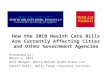 How the 2010 Health Care Bills Are Currently Affecting Cities and Other Government Agencies Presented by: March 1, 2012 Bill Morgan, White Nelson Diehl.