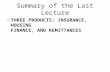Summary of the Last Lecture THREE PRODUCTS: INSURANCE, HOUSING FINANCE, AND REMITTANCES.