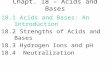 Chapt. 18 – Acids and Bases 18.1Acids and Bases: An Introduction 18.2 Strengths of Acids and Bases 18.3Hydrogen Ions and pH 18.4 Neutralization.