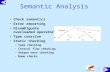 1 Semantic Analysis Check semantics Error reporting Disambiguate overloaded operators Type coercion Static checking –Type checking –Control flow checking.