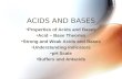 ACIDS AND BASES Properties of Acids and Bases Acid – Base Theories Strong and Weak Acids and Bases Understanding Indicators pH Scale Buffers and Antacids.