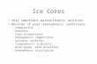 Ice Cores Very important paleoclimatic archives. Records of past atmospheric conditions. –Temperature –Humidity –Snow accumulation –Atmospheric composition.