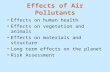 Effects of Air Pollutants Effects on human health Effects on vegetation and animals Effects on materials and structure Long term effects on the planet.