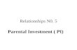 Relationships N0. 5 Parental Investment ( PI). Trivers 1972 – Parental Investment Theory “Any investment by a parent in an offspring that increases the.