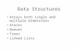 Data Structures Arrays both single and multiple dimensions Stacks Queues Trees Linked Lists.