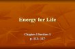 Energy for Life Chapter 4 Section 3 p. 113- 117. A. Cells use Chemical Reactions Cells use chemical reactions to change the chemical energy stored in.